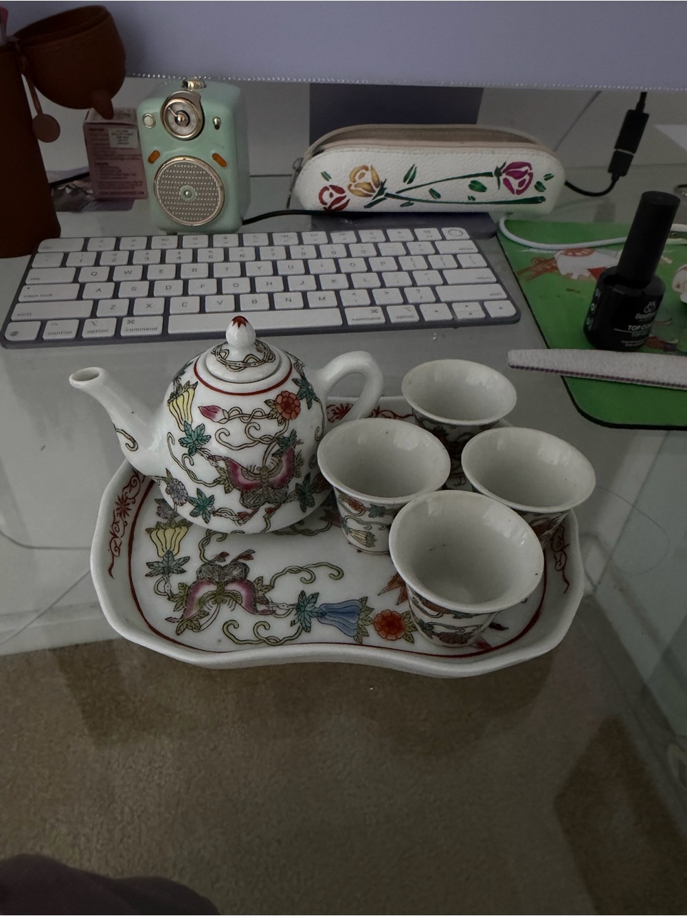 Vintage Mun Shou 6pc Famille Rose Longevity Porcelain Tea/Sake Set